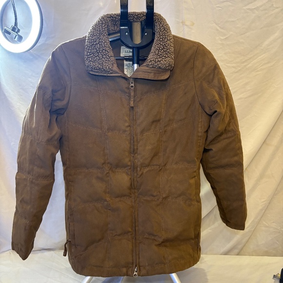 LL Bean Jacket Women’s S Goose Down Faux Suede Lined Sherpa Lined Collar Quilted - Picture 1 of 7